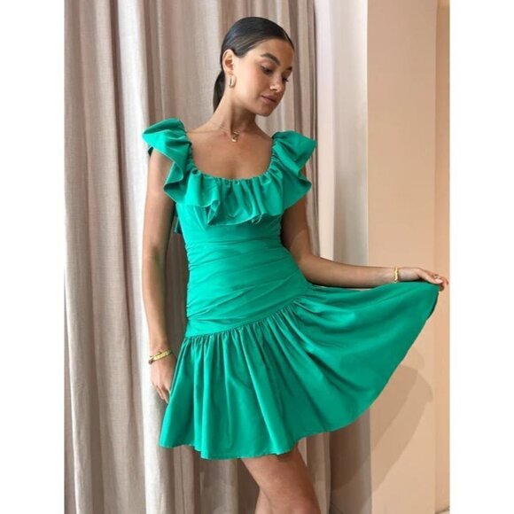 ALEMAIS Doria Ruffle-neck Crossover-back Mini Dress in Green Size US 2 - Picture 13 of 14